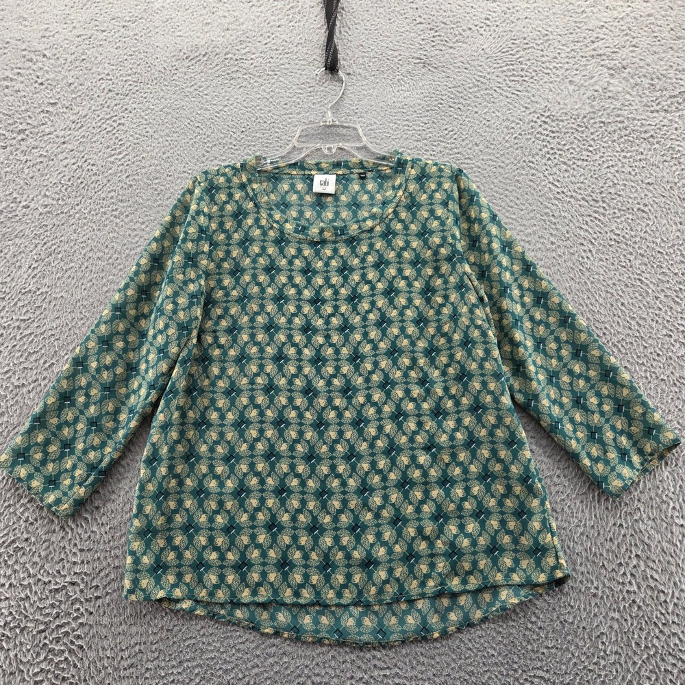 Cabi Womens Jade Leaf Print Top Medium Green Beige Lightweight Drape 3/4 Sleeve